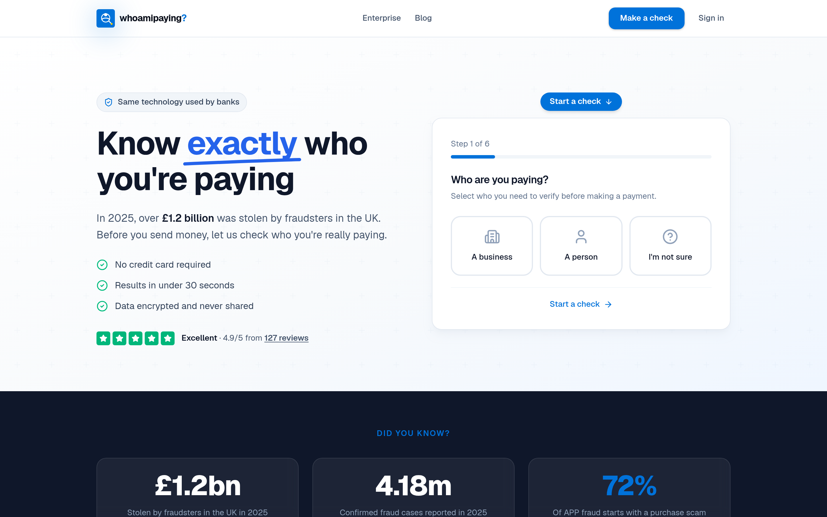 Screenshot of the whoamipaying.co.uk home page — hero reads 'Know exactly who you're paying' with a step-by-step check flow on the right.